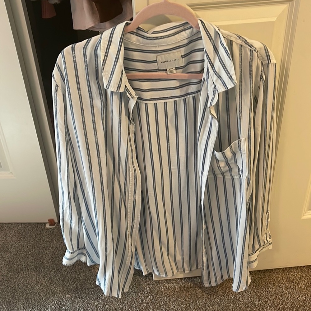 American Eagle Blue & White Striped Light Flannel
